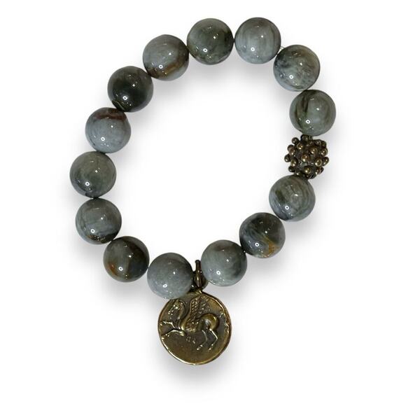 Gemstone Stretch Bracelet Womens Faux Coin Gray Brown Boho Hippie Artsy - Picture 2 of 9